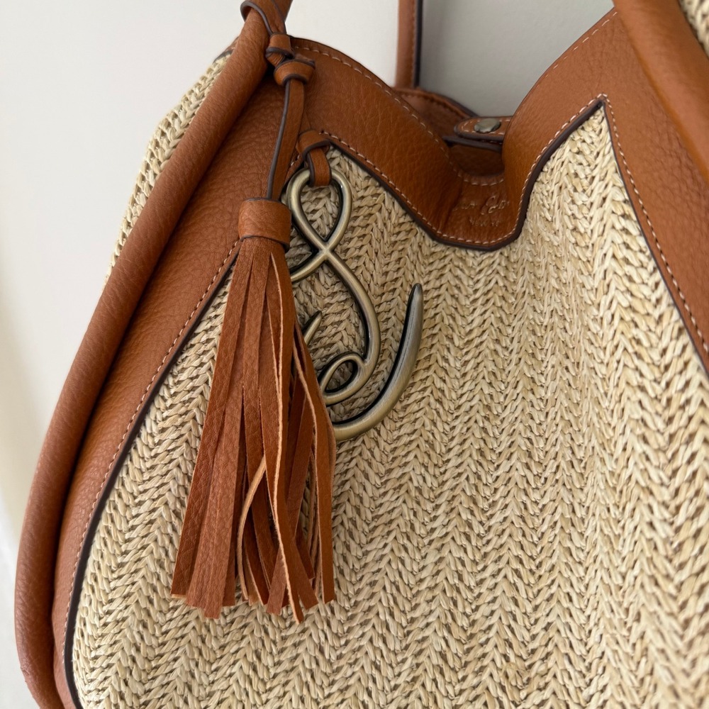 Sam Edelman Straw Raffia Tote Bag Tan Faux Leather Trim Tassel Shoulder Bag - Picture 2 of 11